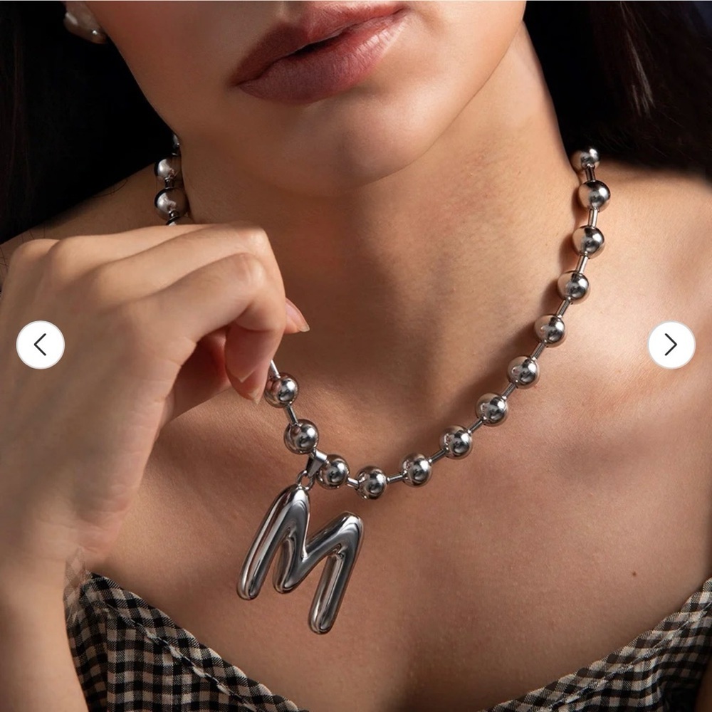 Unisex Oversized Bubble G Initial Ball Chain Necklace – Silver Stainless Steel - Picture 6 of 6